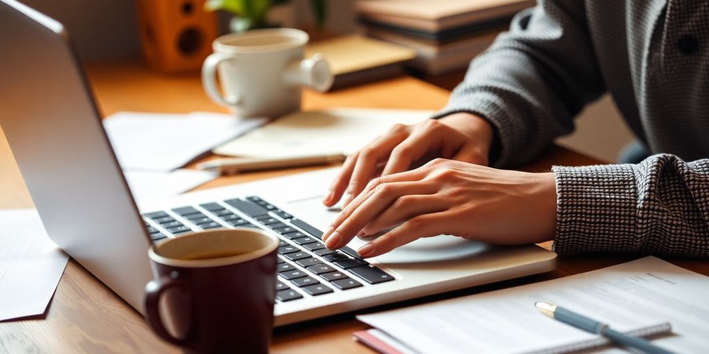 Person typing on a laptop in a cozy workspace.