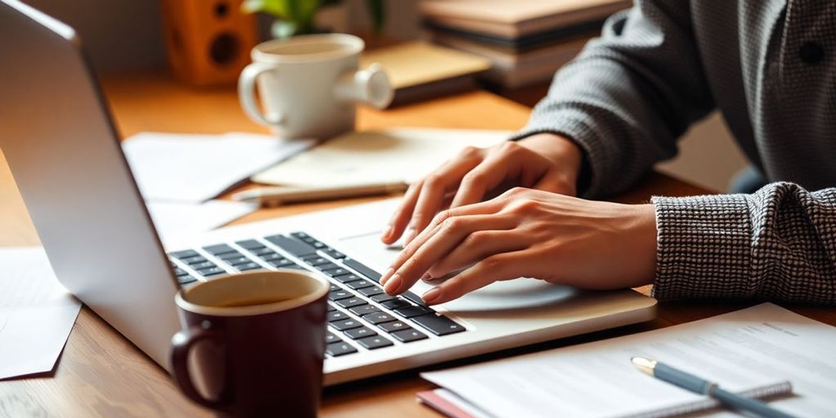 Person typing on a laptop in a cozy workspace.