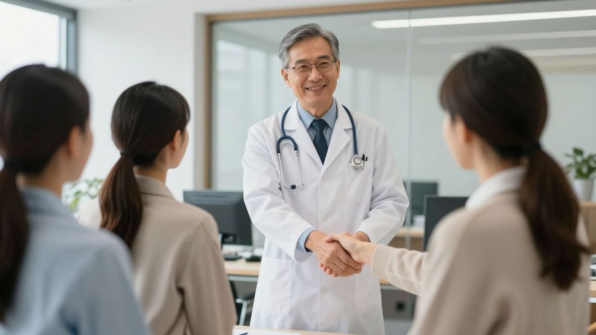 Doctor in white coat with happy clients in office
