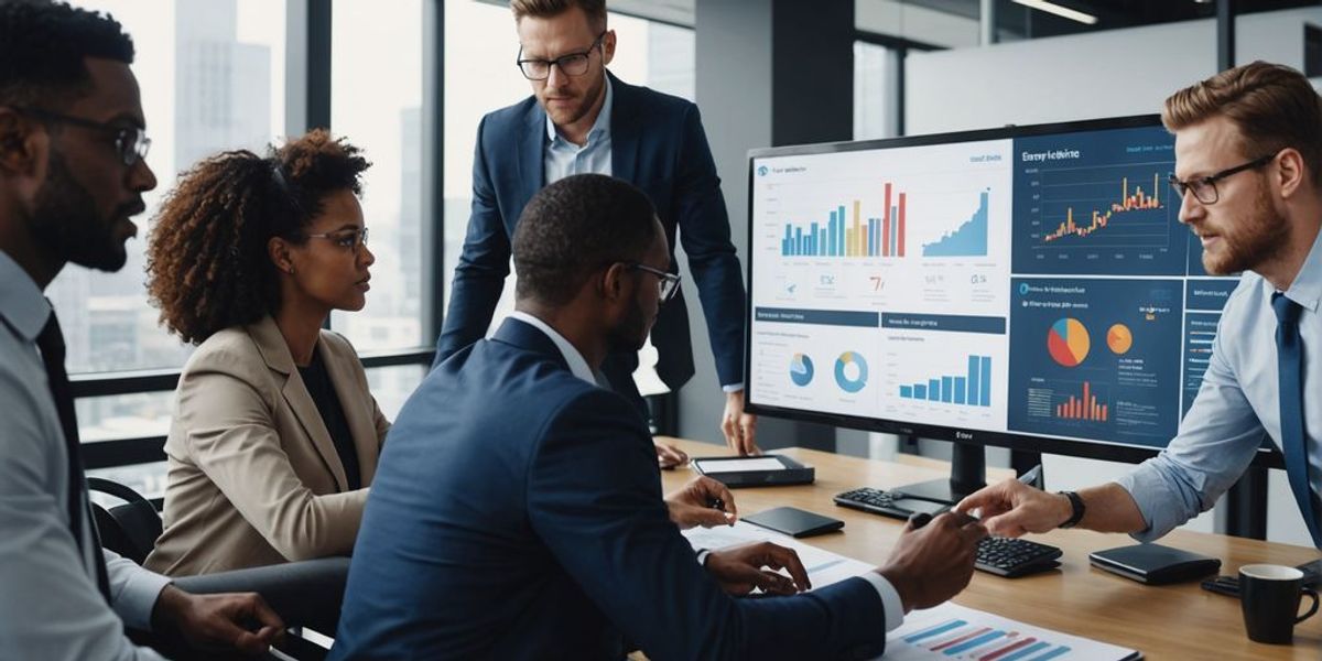 Business team analyzing charts on a large screen.