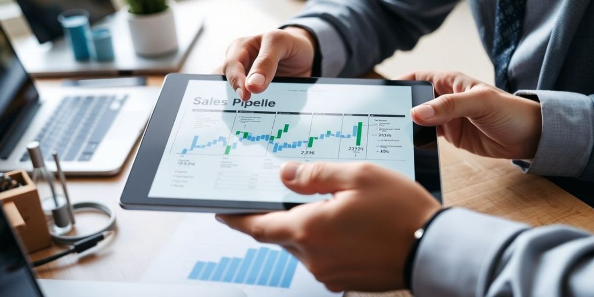 Business professional reviewing sales pipeline on a digital tablet.