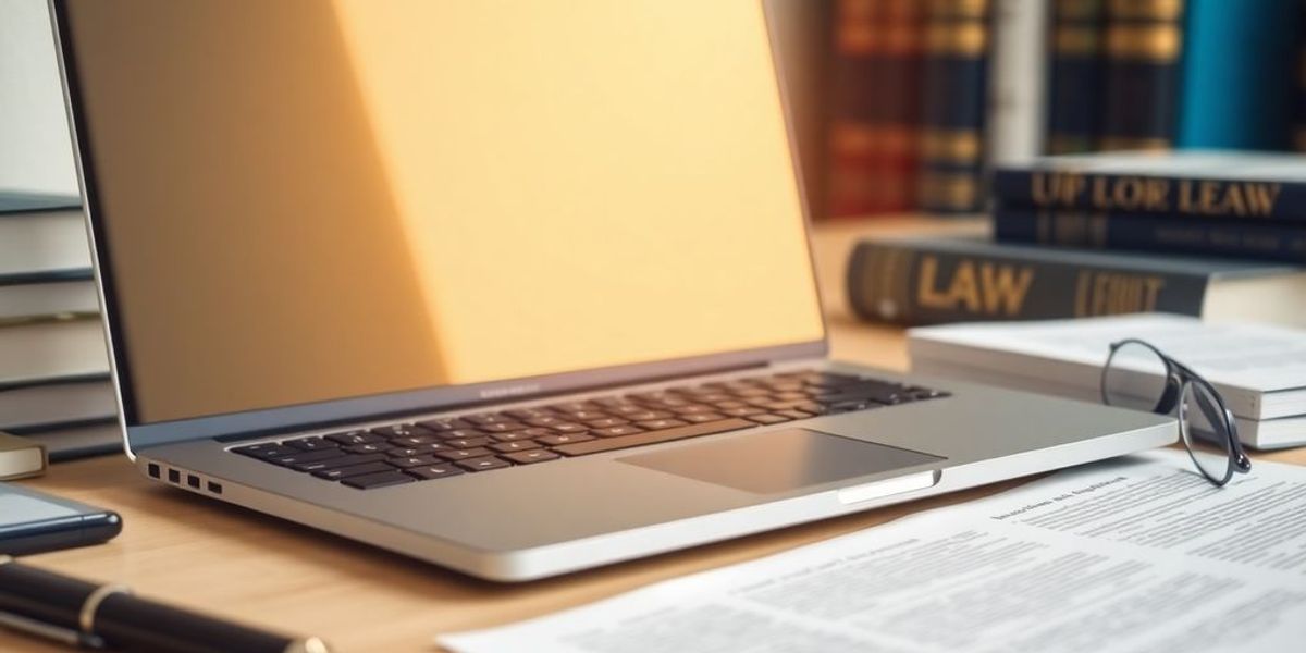 Laptop on desk with legal books and documents.