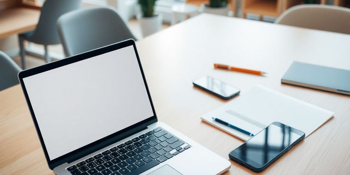A modern workspace with technology and productivity elements.