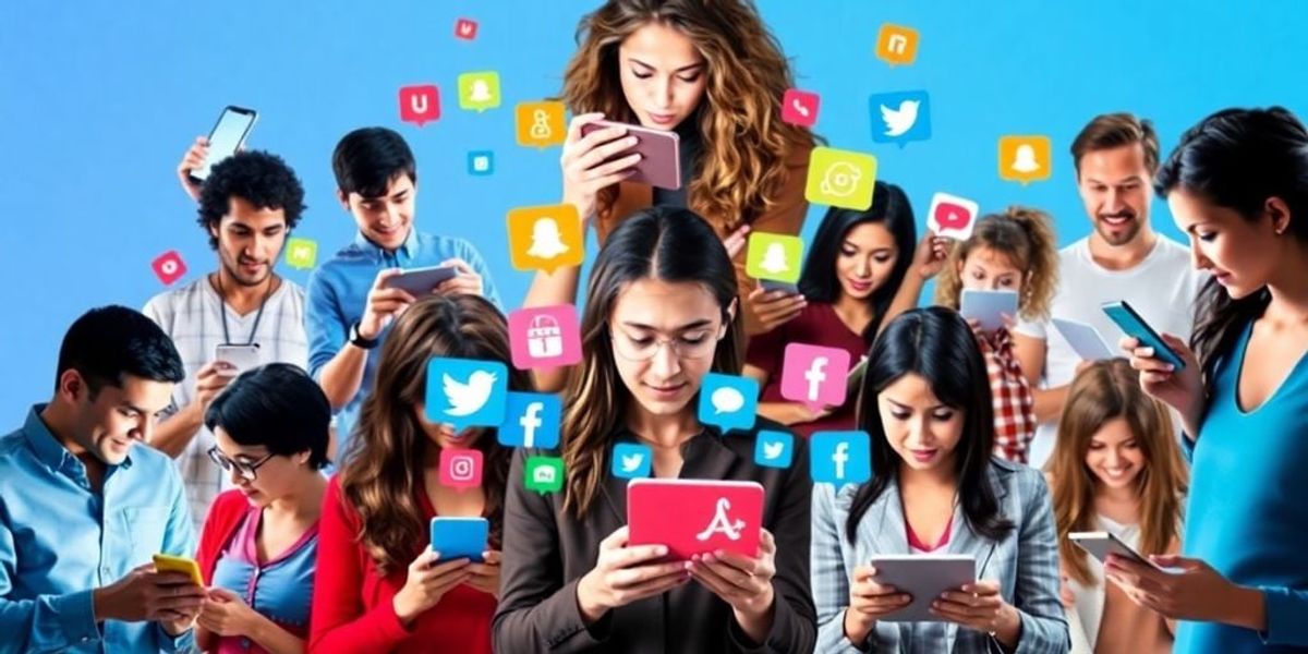 Group of people using social media on different devices.