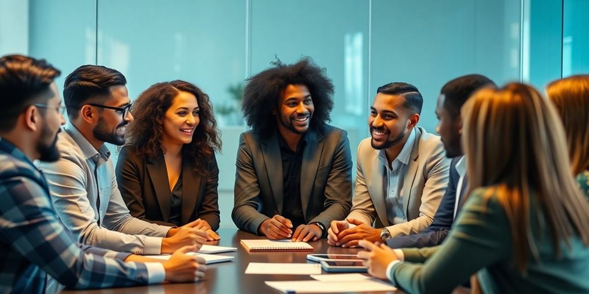 Diverse professionals collaborating in a modern office meeting.