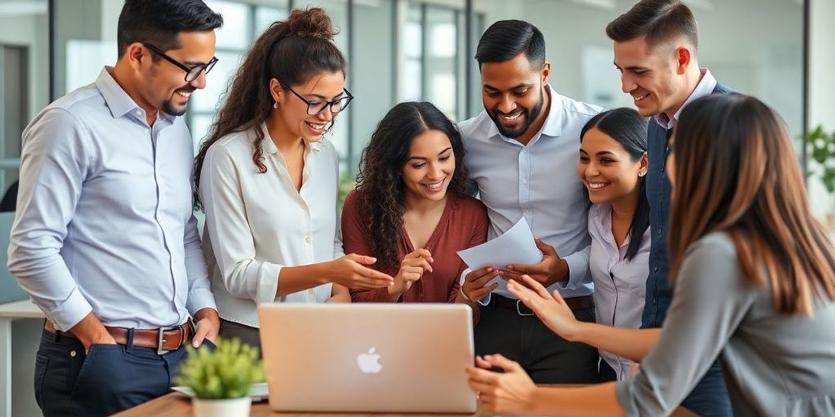 Diverse team collaborating in a modern office setting.