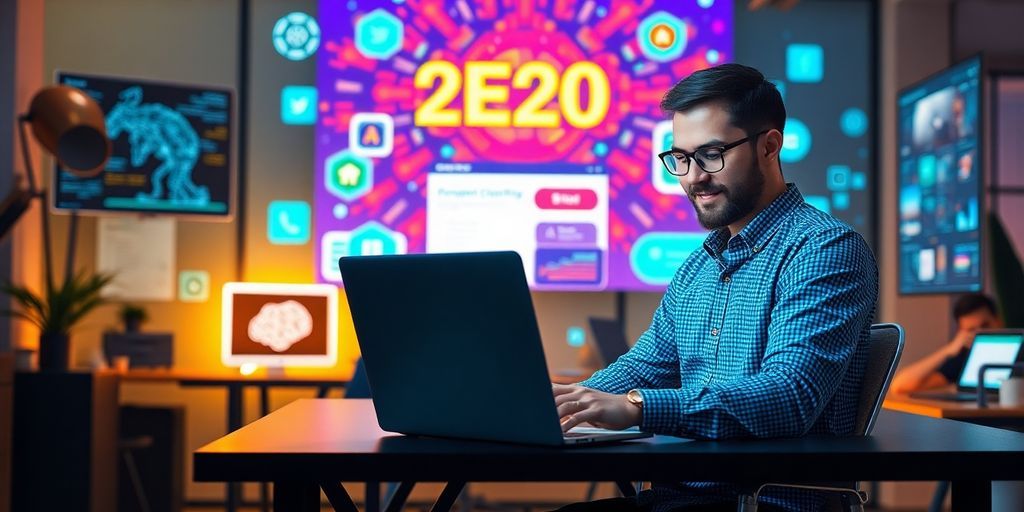 Person using laptop in a modern workspace with AI.