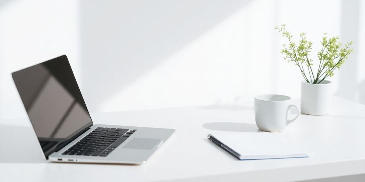 Minimalist workspace with laptop and coffee cup.