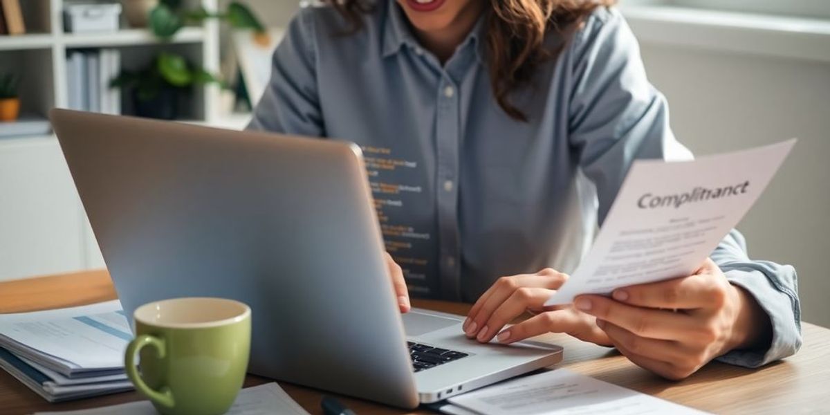 Small business owner working on website compliance review.