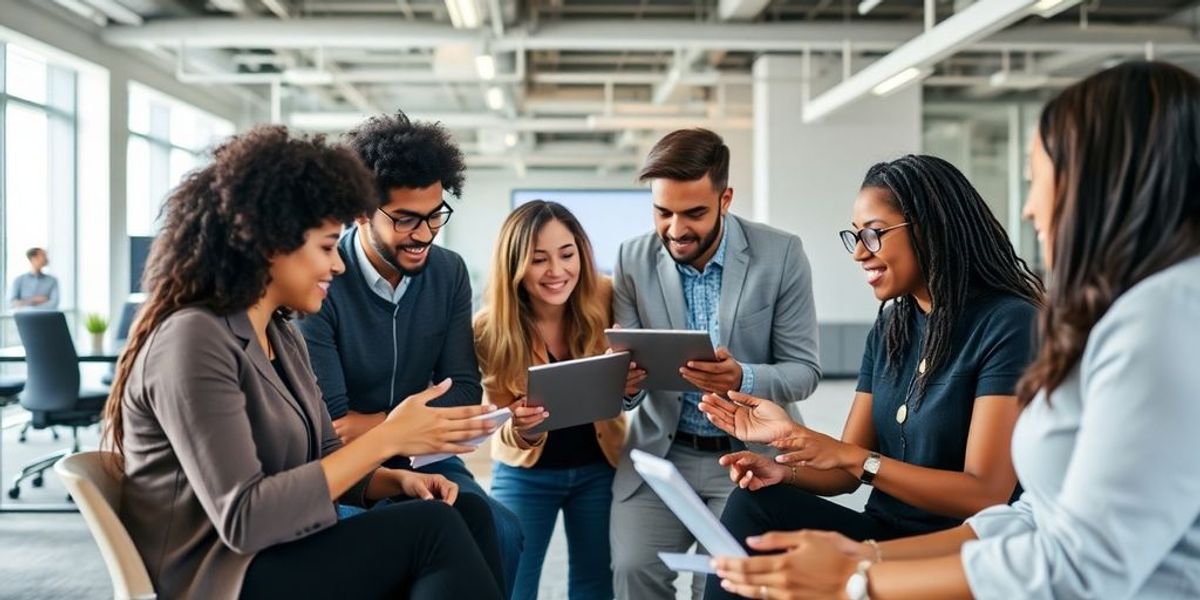 Diverse team collaborating in an inclusive office environment.