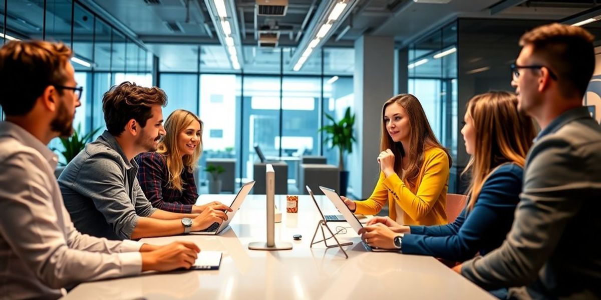 Professionals collaborating in a modern office setting.