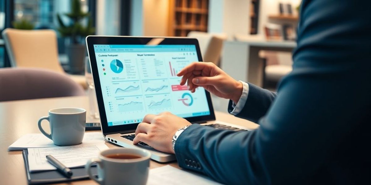 Business professional using CRM software in a modern office.