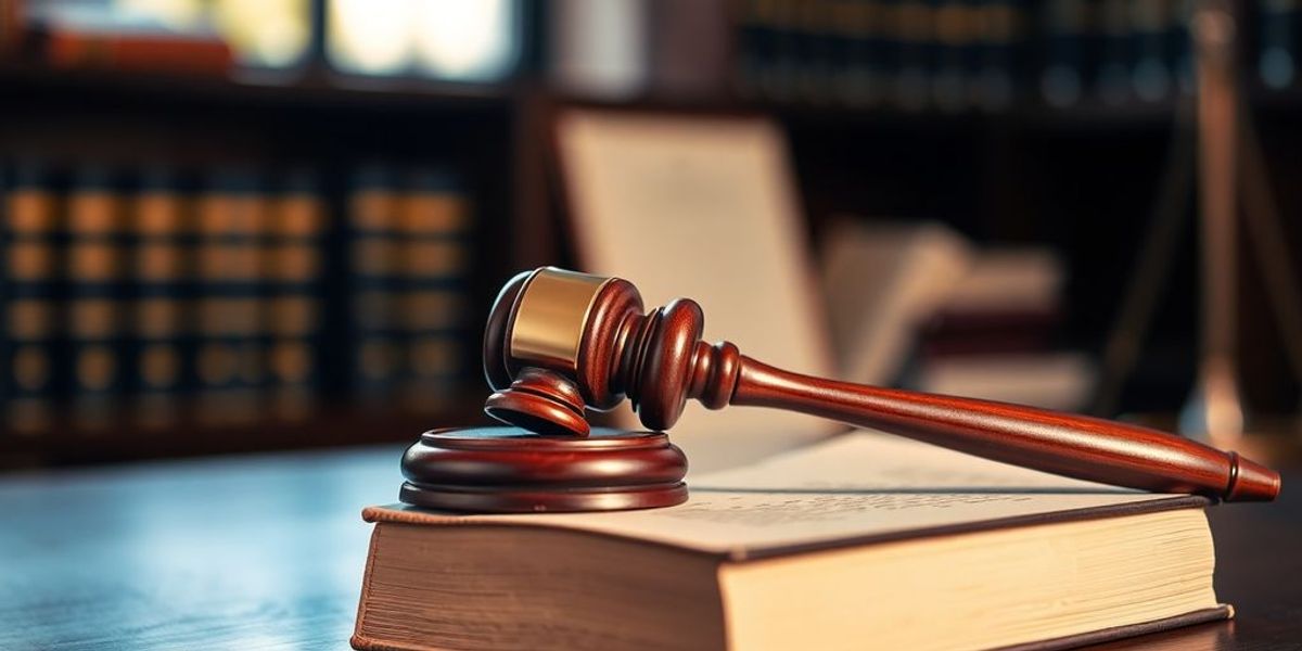 Legal book and gavel in a law office setting.