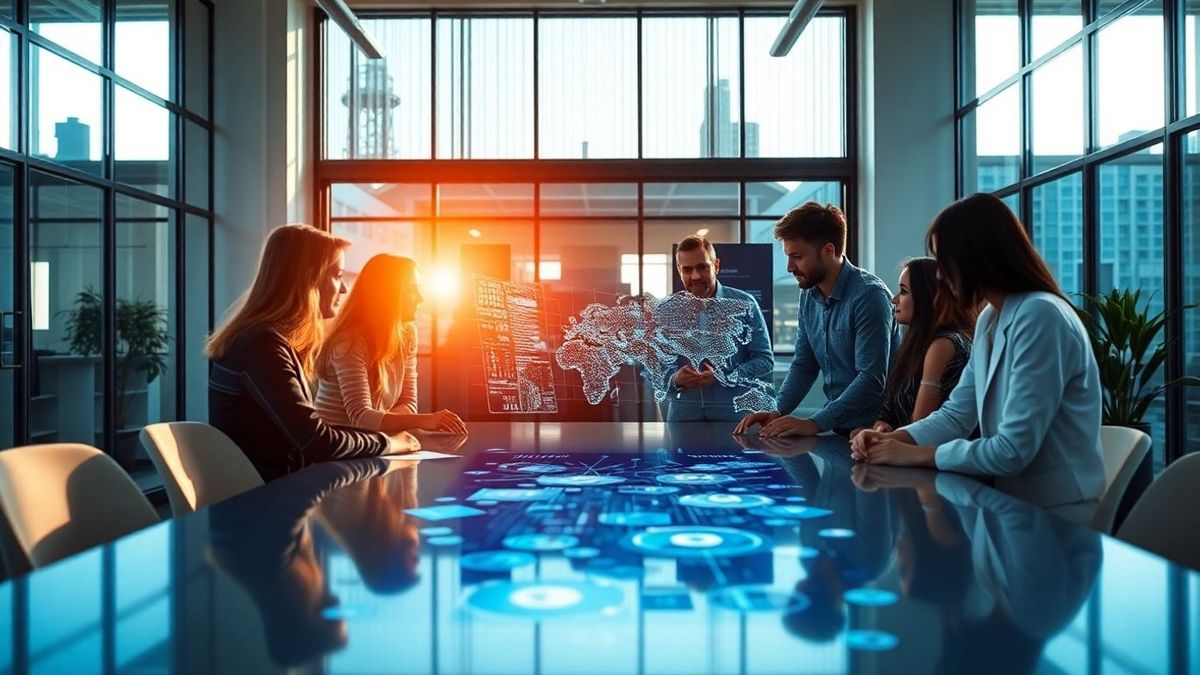 Team collaborating with AI data visualization