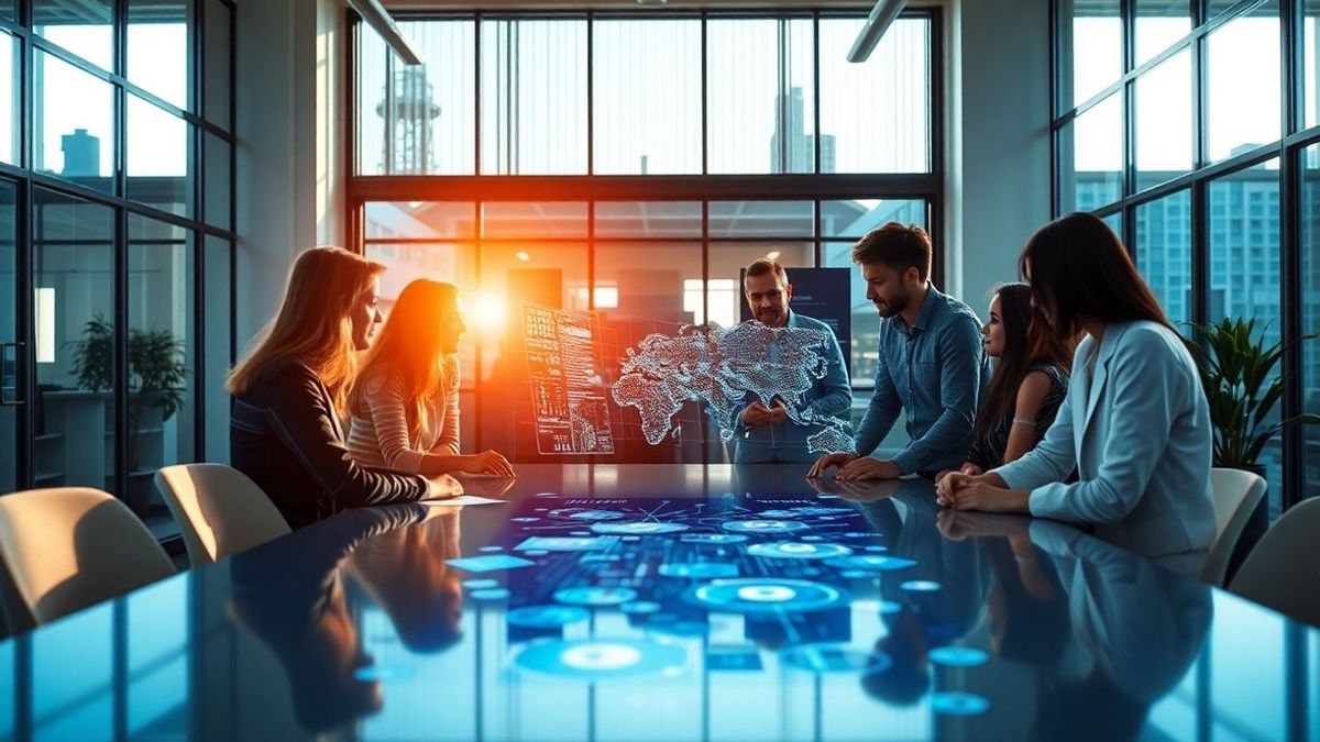 Team collaborating with AI data visualization