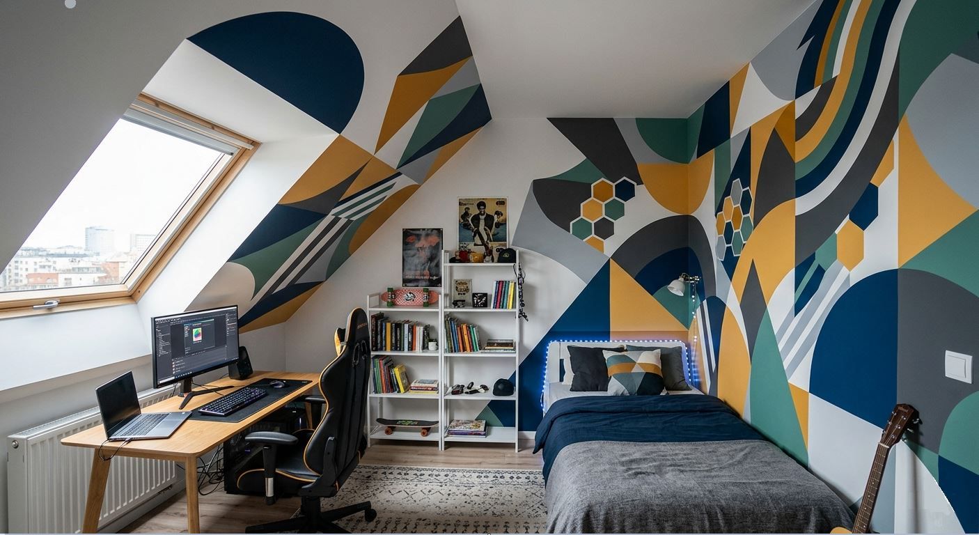 An attic teenager’s room with a bed, desk, and bookshelf. A geometric mural painted on the wall in shades of gray, green, orange, and navy blue. 