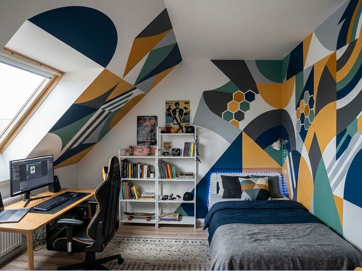 An attic teenager’s room with a bed, desk, and bookshelf. A geometric mural painted on the wall in shades of gray, green, orange, and navy blue.