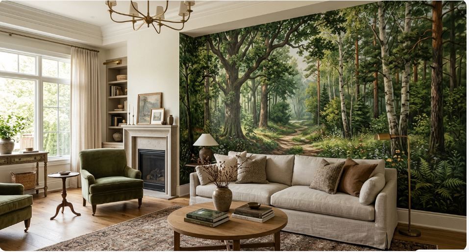 A living room with a mural featuring a realistically painted forest. Inside the living room: a sofa, armchairs, 2 side tables, a fireplace, and shelves. 