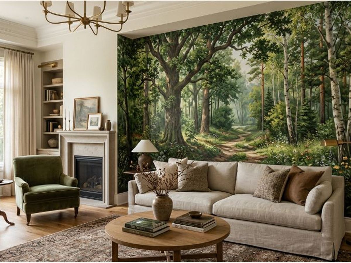 A living room with a mural featuring a realistically painted forest. Inside the living room: a sofa, armchairs, 2 side tables, a fireplace, and shelves.
