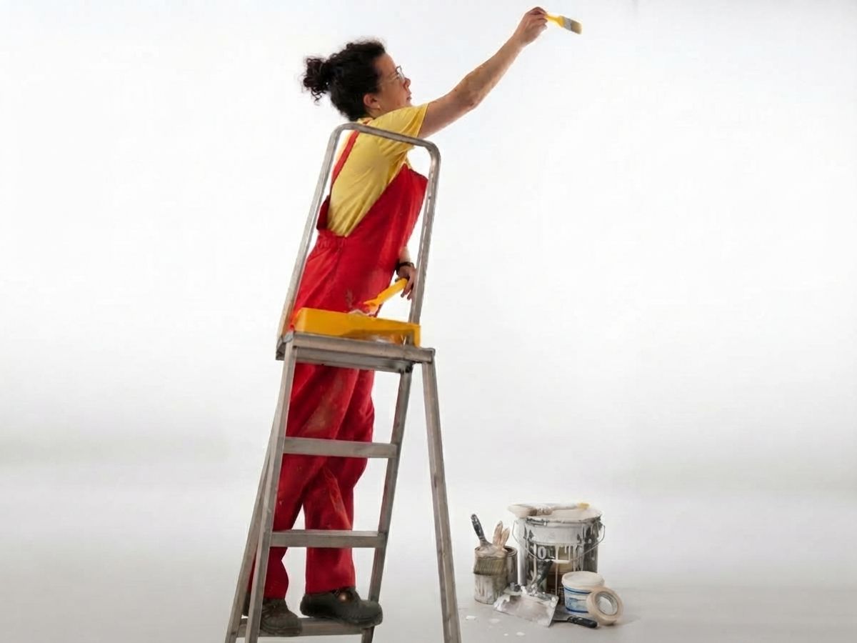 Artist, Joanna Kruza, on the ladder, with the brush in her hand, during the work.