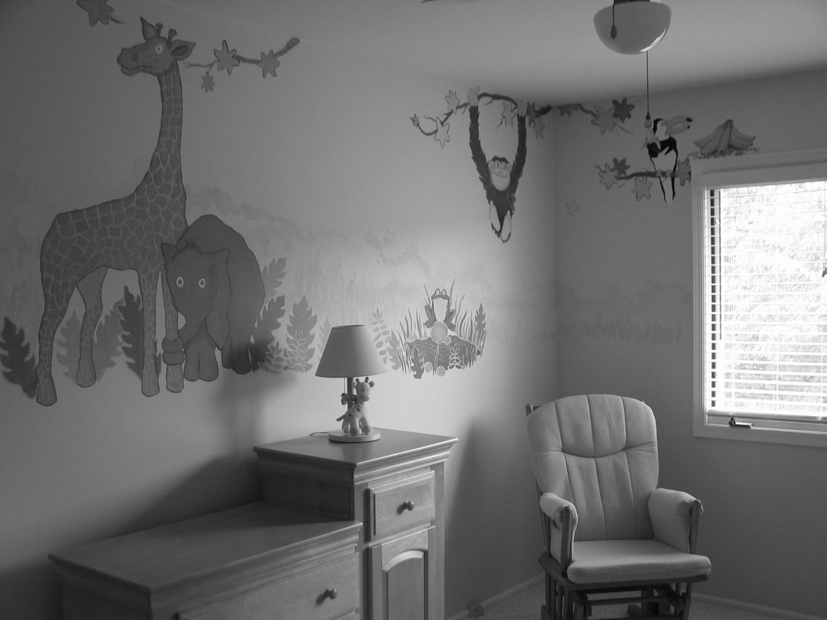 Pastel nursery in muted tones with low contrast walls