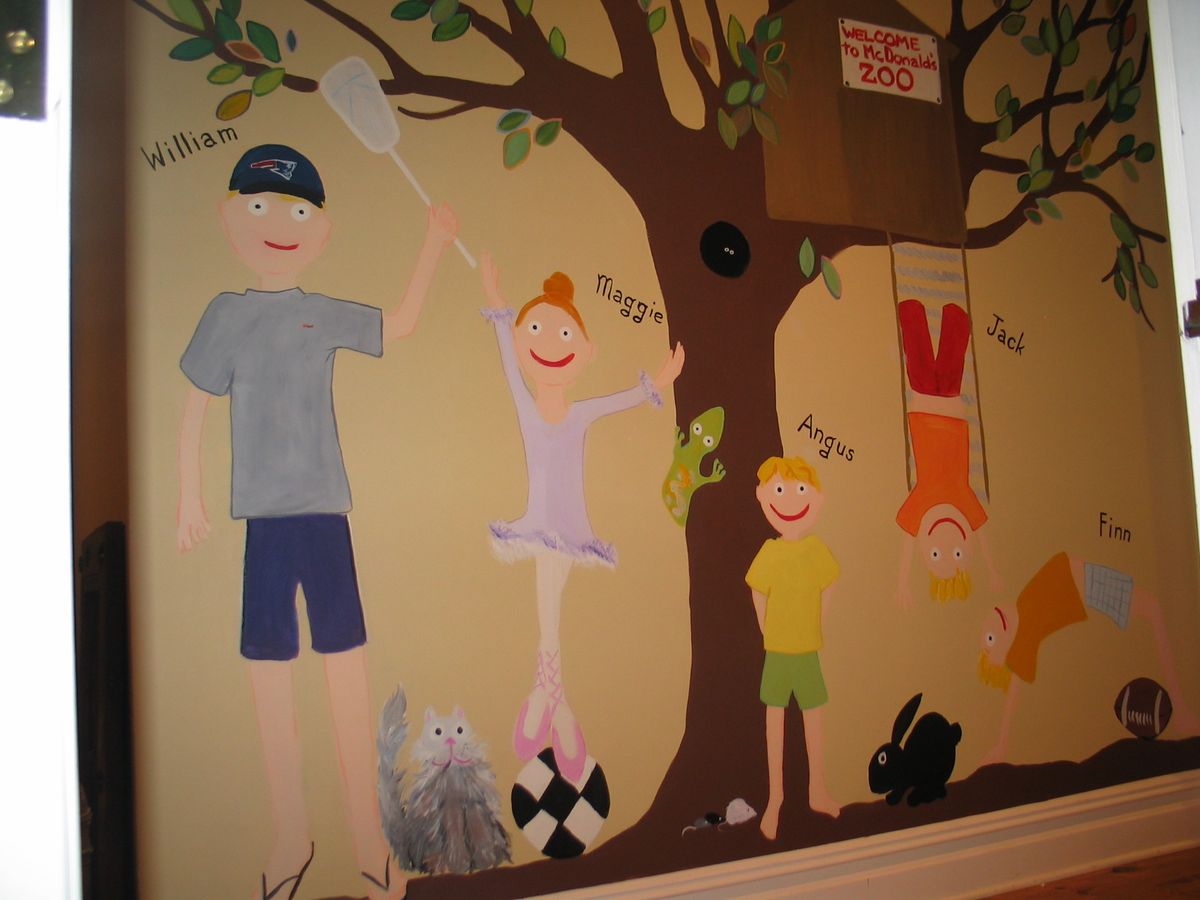 Family portrait mural on a children's room wall — five named children around a tree with a treehouse, each in their element: ballet, sports, ball games, with a cat and rabbit at their feet