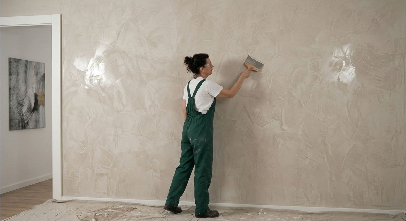 Muralist applying Venetian plaster to a wall with a trowel in a bright interior