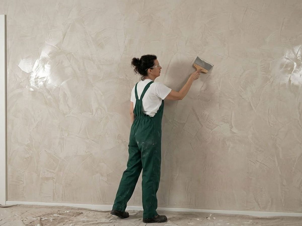 Muralist applying Venetian plaster to a wall with a trowel in a bright interior
