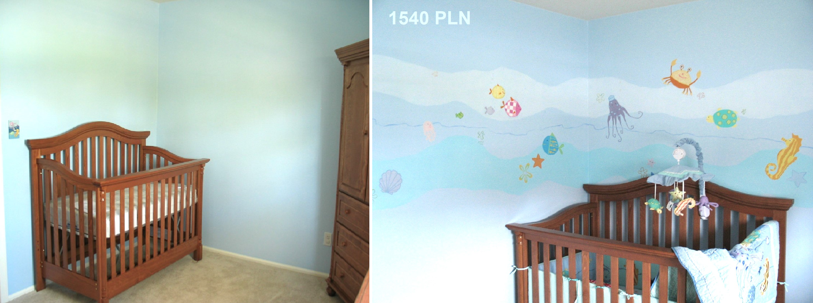 A view on the empty walls and with a mural with childish sea fruits in a nursery. By Joanna Kruza