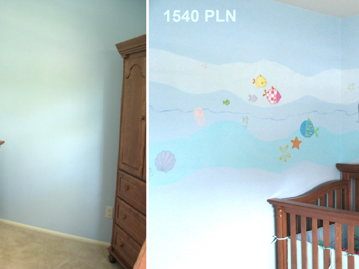 A view on the empty walls and with a mural with childish sea fruits in a nursery. By Joanna Kruza