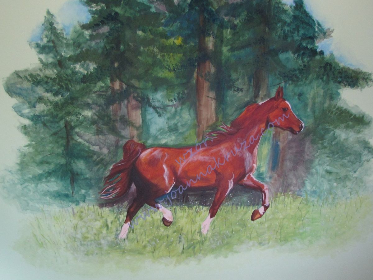 Hand-painted wall mural — galloping chestnut horse in a realistic style on a light background