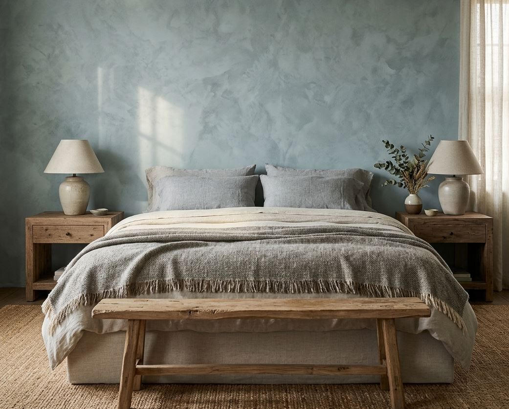 A wall with decorative technique - lime wash - in a bedroom with a queen size bed