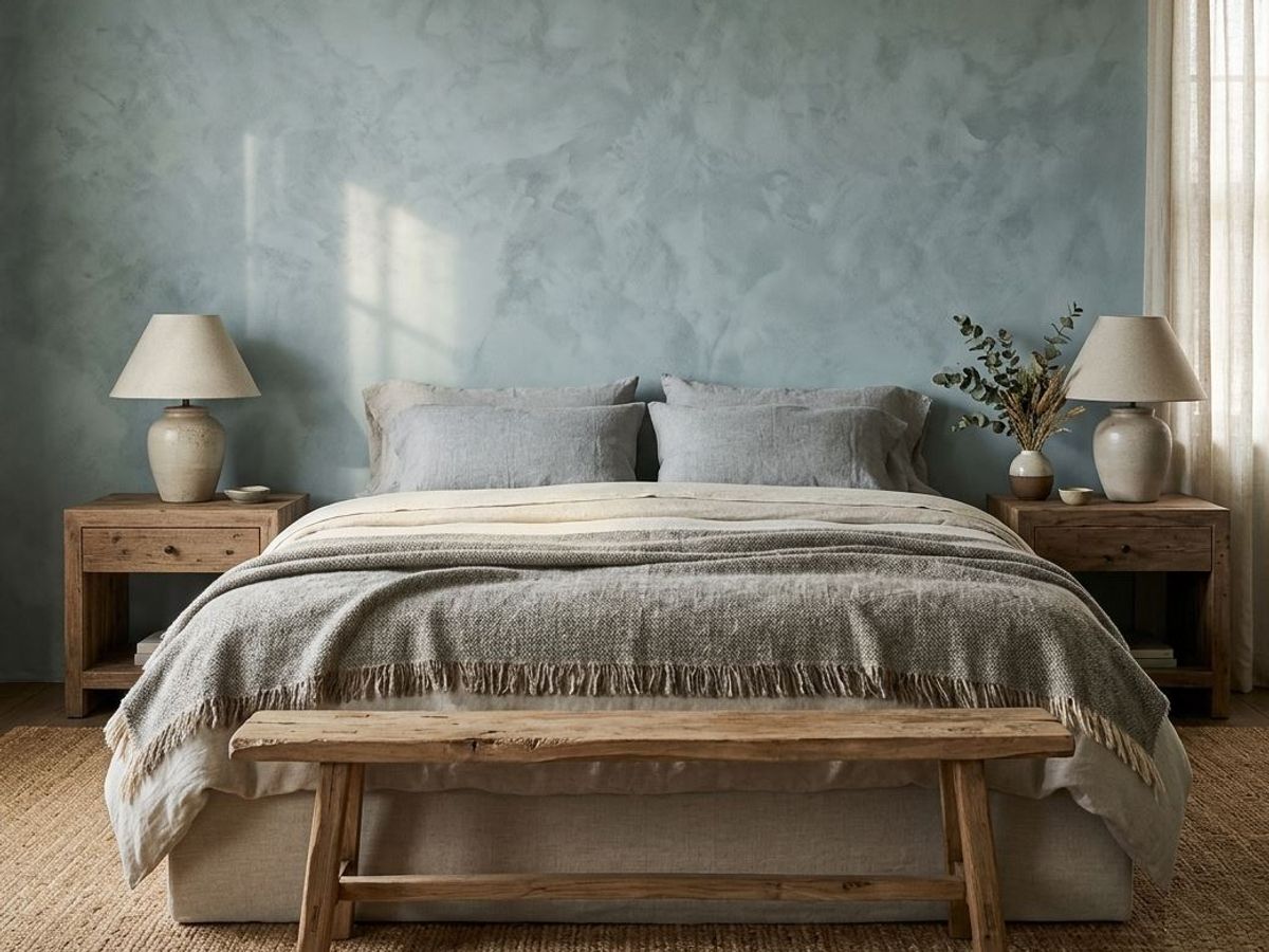 A wall with decorative technique - lime wash - in a bedroom with a queen size bed