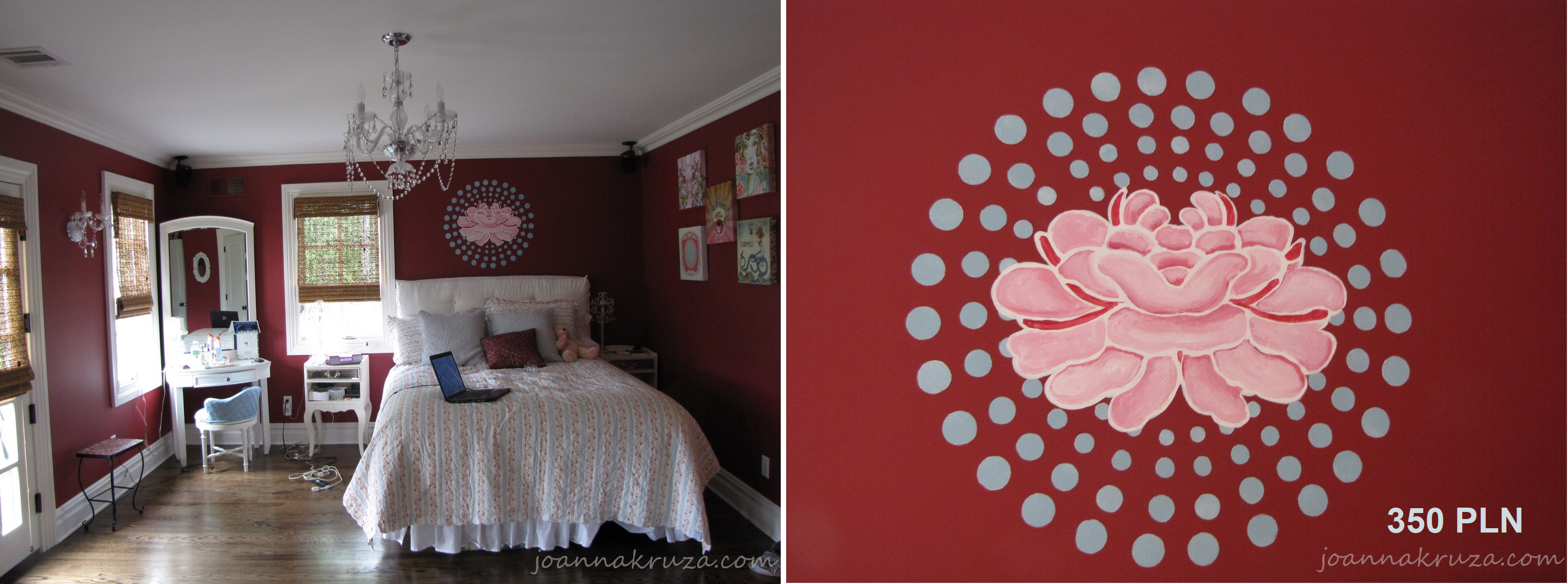 A mural on the wall - a view on the room with mural and detail of it. By Joanna Kruza, in Krakow.