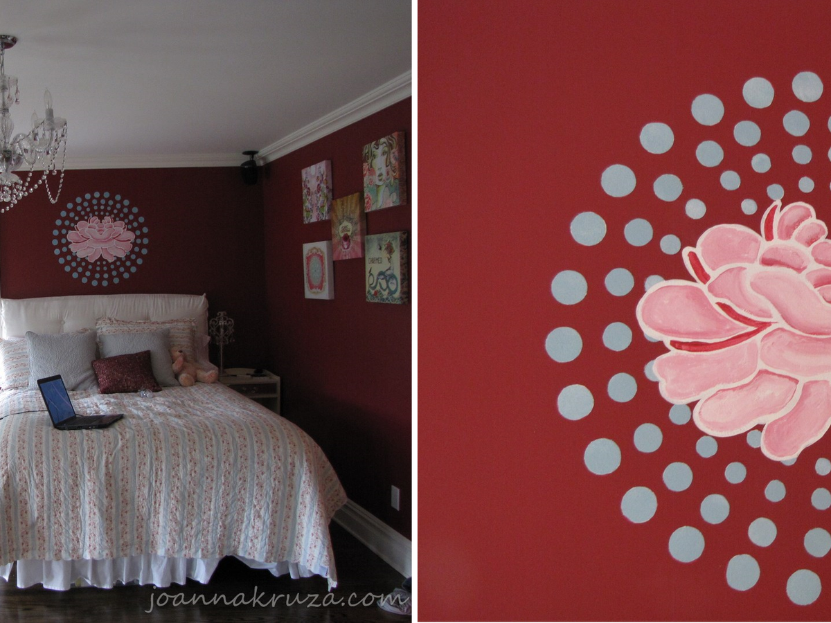 A mural on the wall - a view on the room with mural and detail of it. By Joanna Kruza, in Krakow.