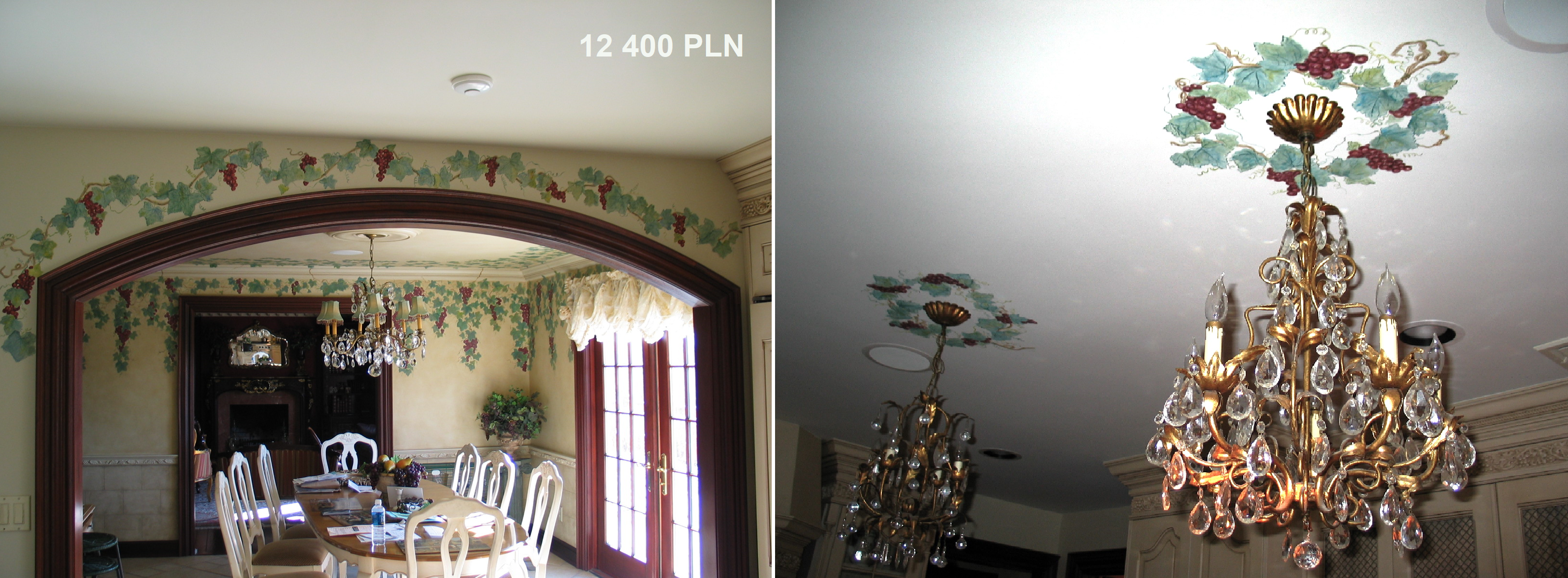 A view on a dinette with mural around the walls and around two chandeliers. Grape leaves on walls and ceiling in a dining room