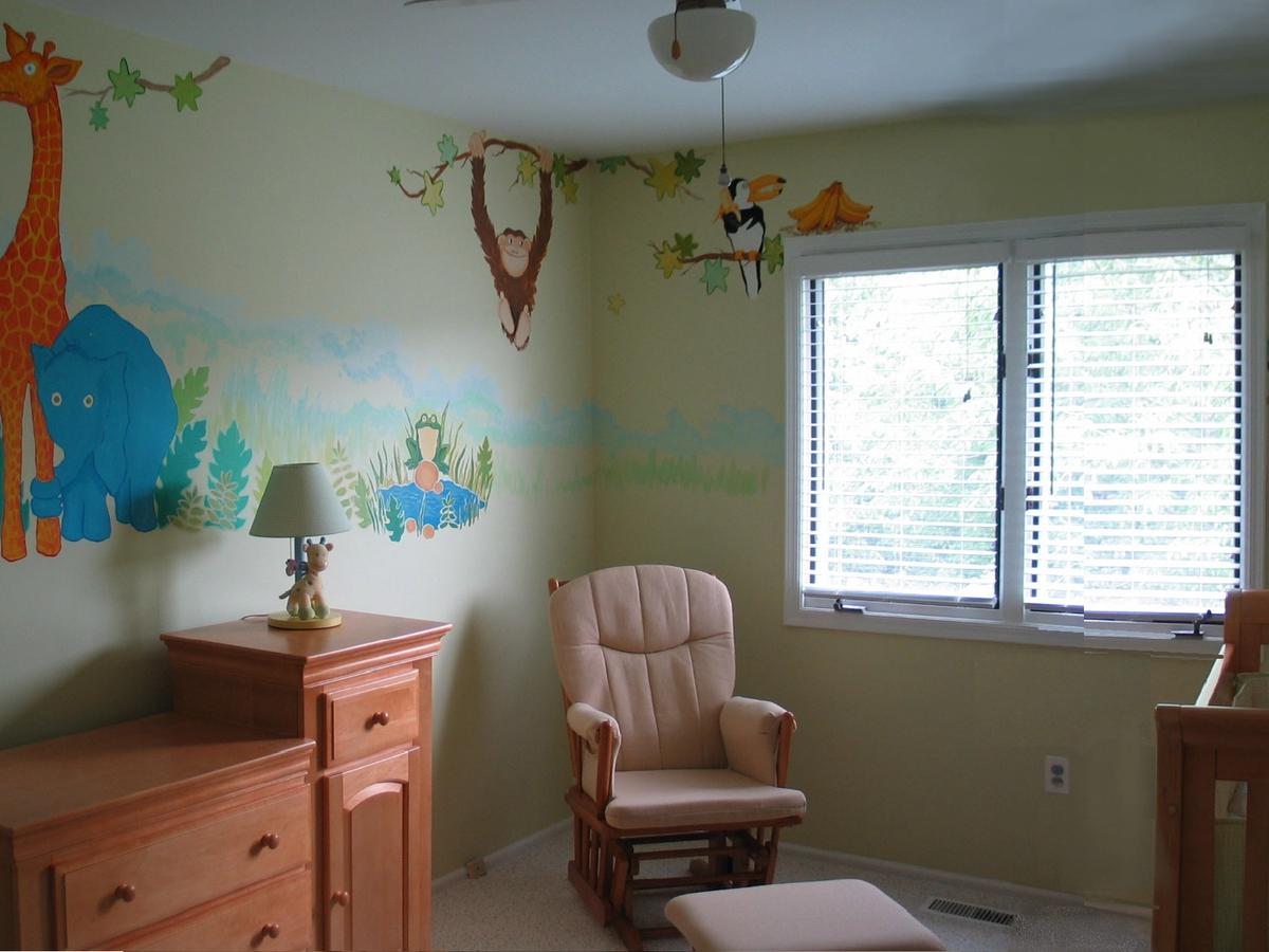 Vibrant colourful nursery mural stimulating an infant's developing visual cortex