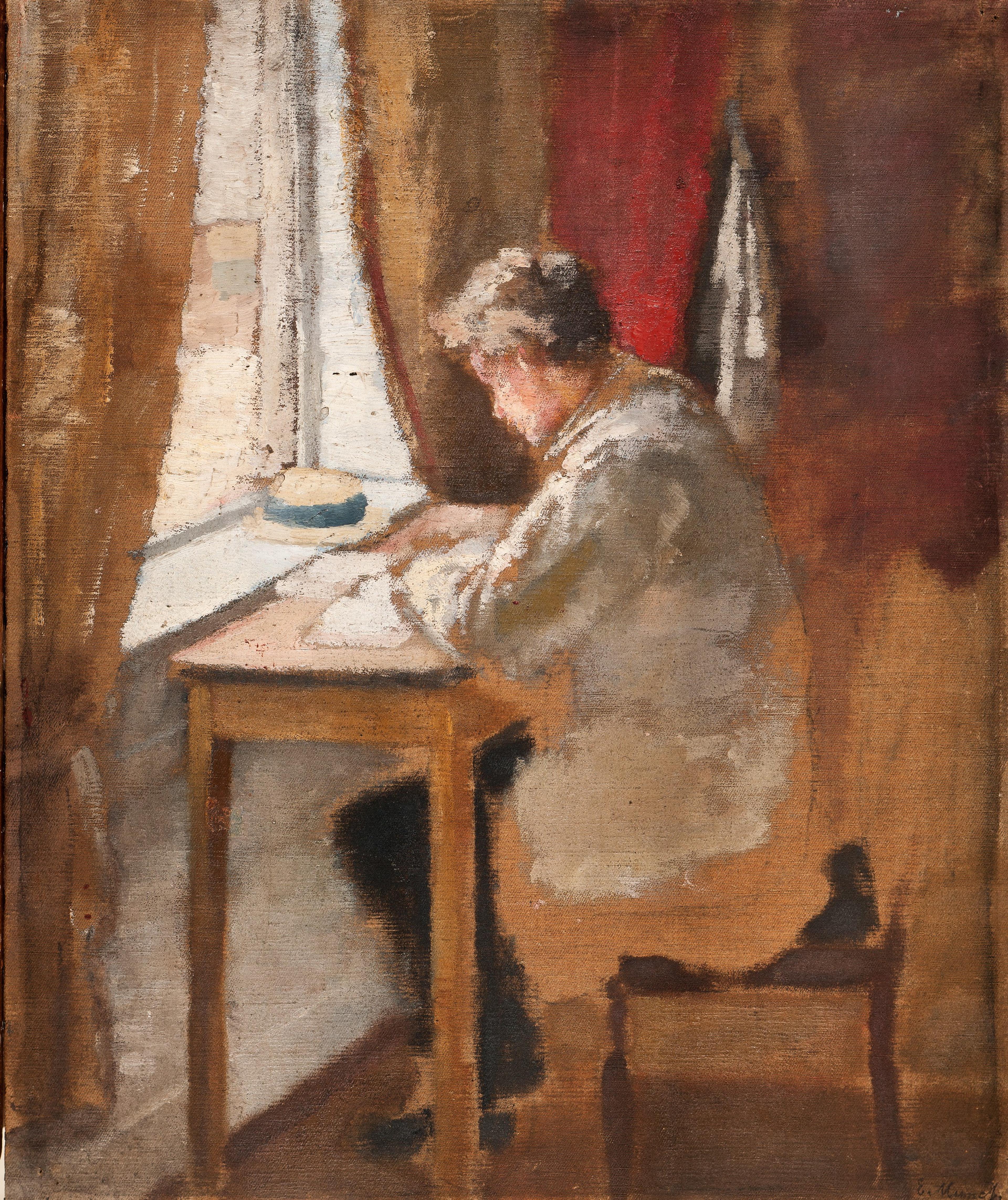 Maleri av en mann som sitter ved et skrivebord og leser