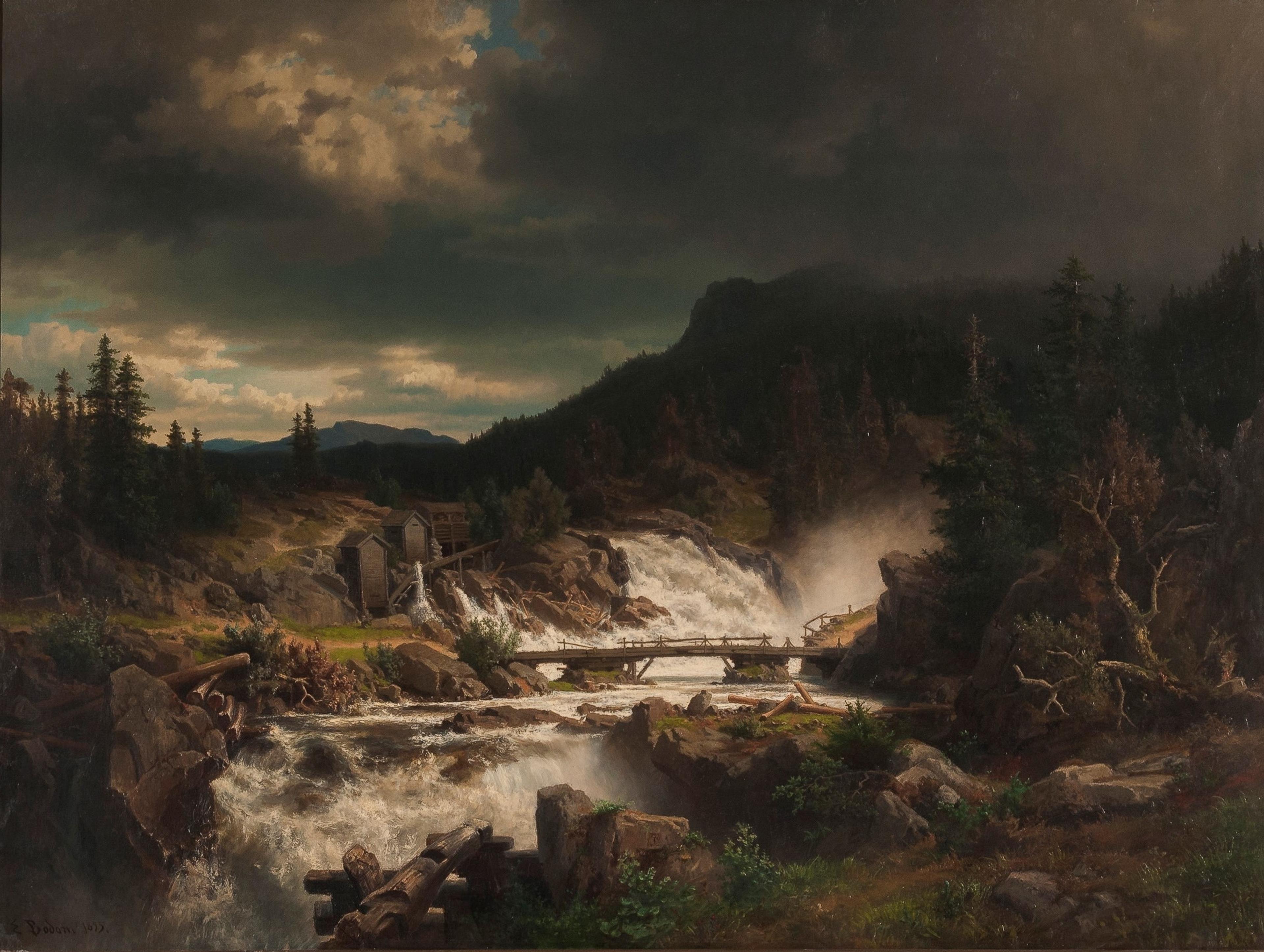Et nasjonalromantisk maleri av et landskap med fjell i bakgrunnen, og midt i bildet en brusende foss
