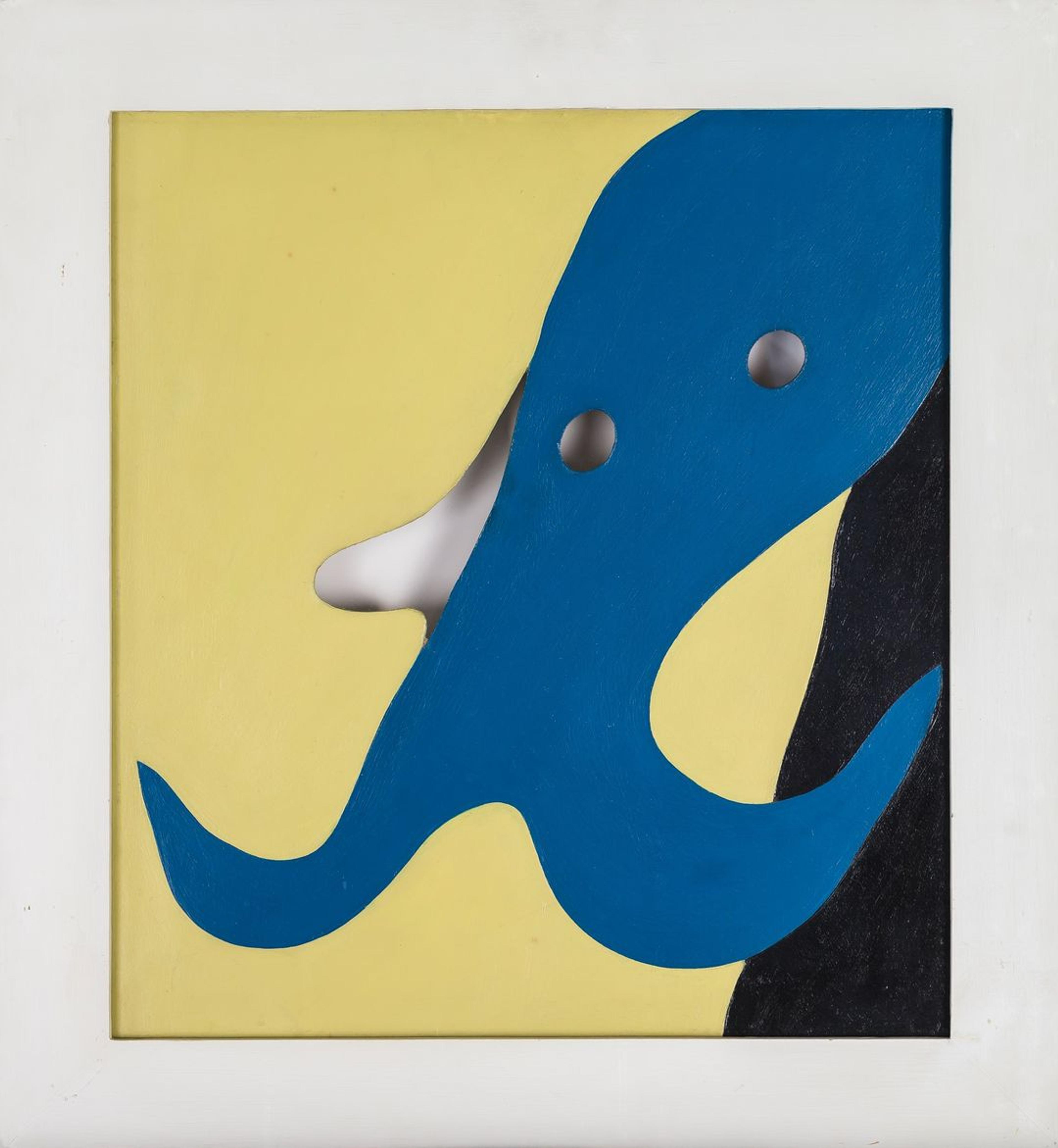 Et abstrakt maleri med gule, blå og svarte felt, i avrundede former.