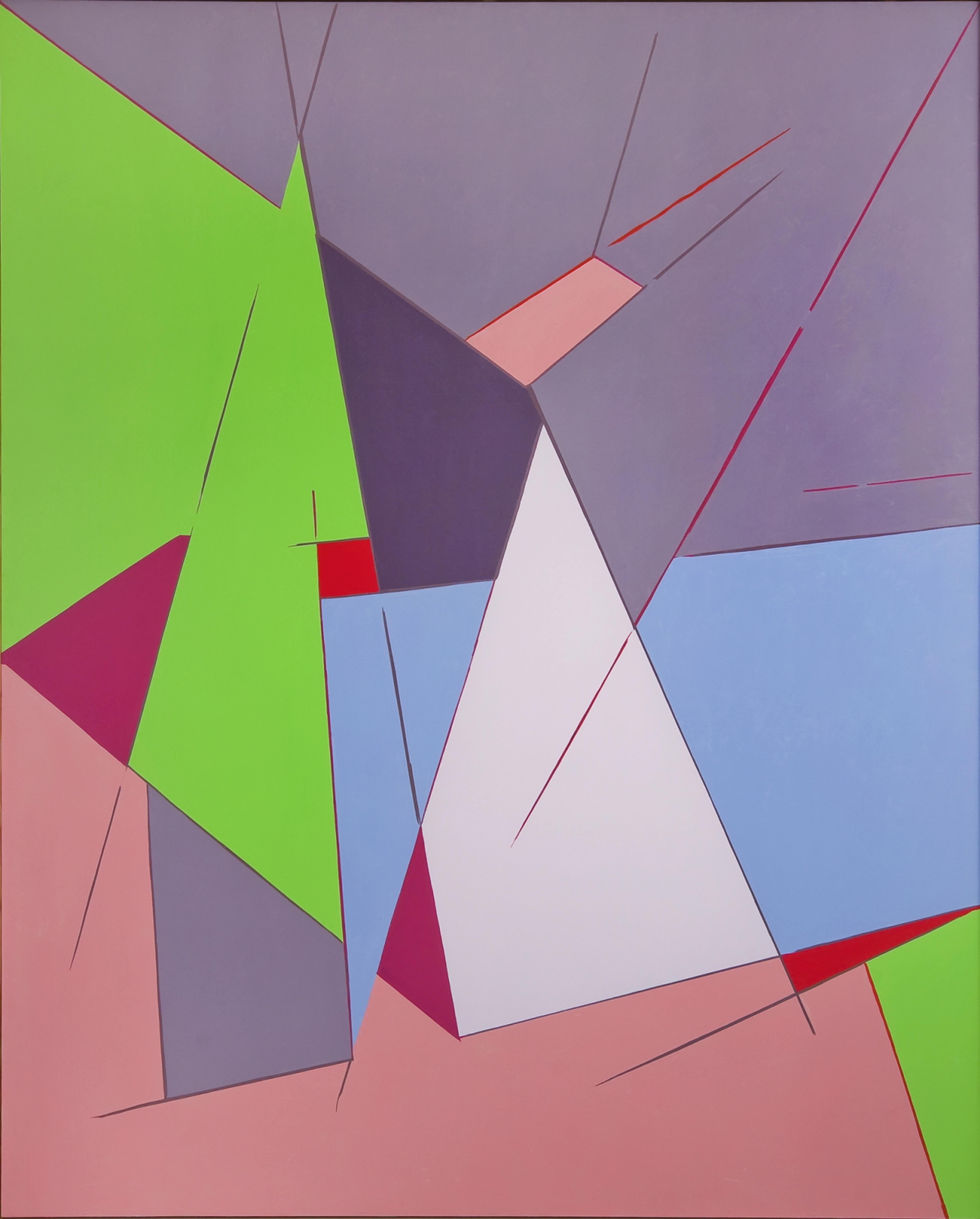 Abstrakt maleri med geometriske former i rosa, lilla og grønt