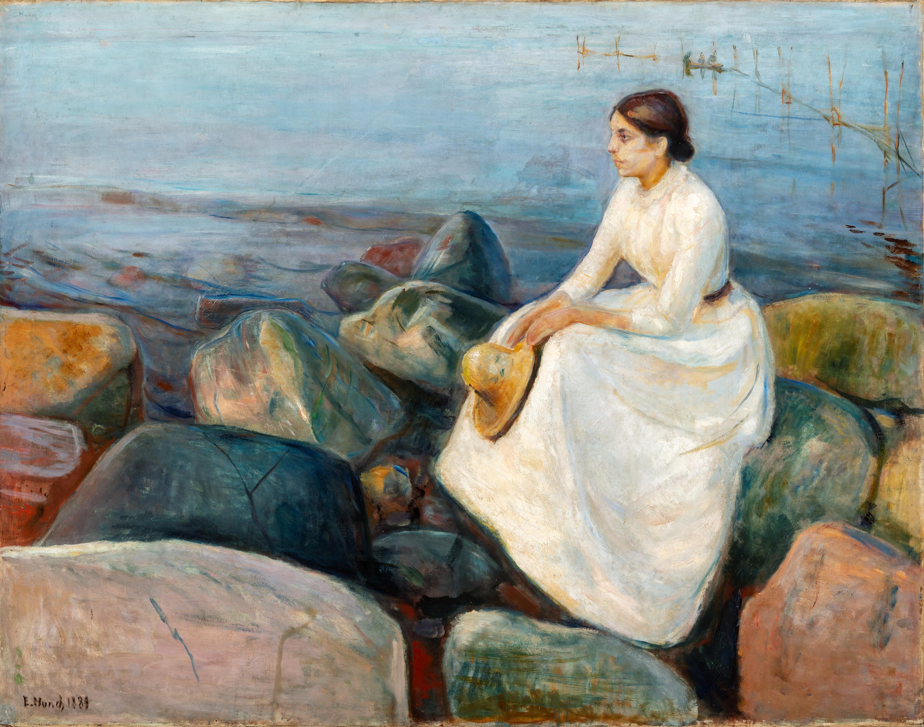 Et maleri av Edvard Munch som viser en kvinne som sitter på en stein på en strand, mens hun ser mot venstre.