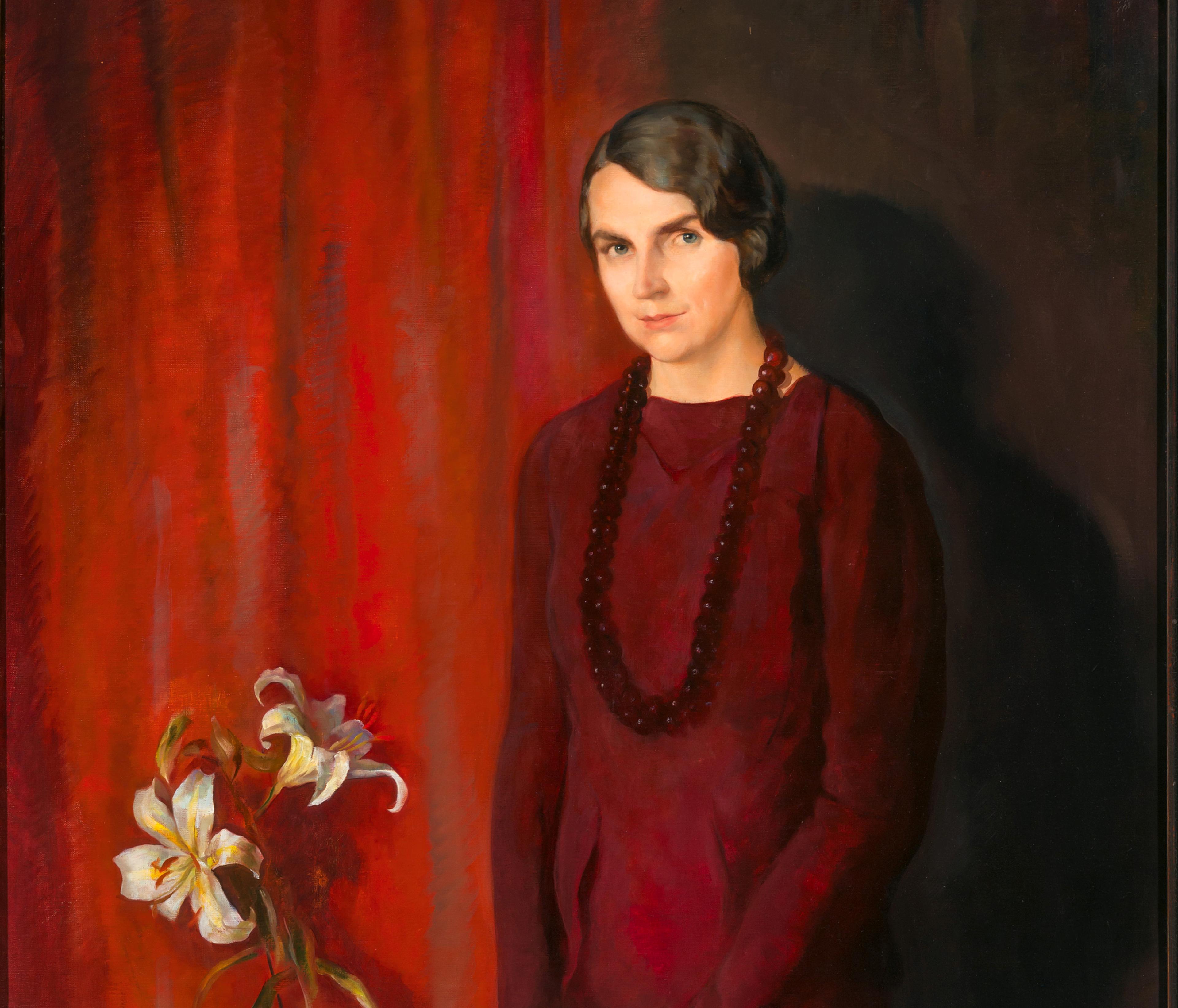 Painting of Marie Hvoslef in a red dress, standing in a red room with two lilys in a vase. 