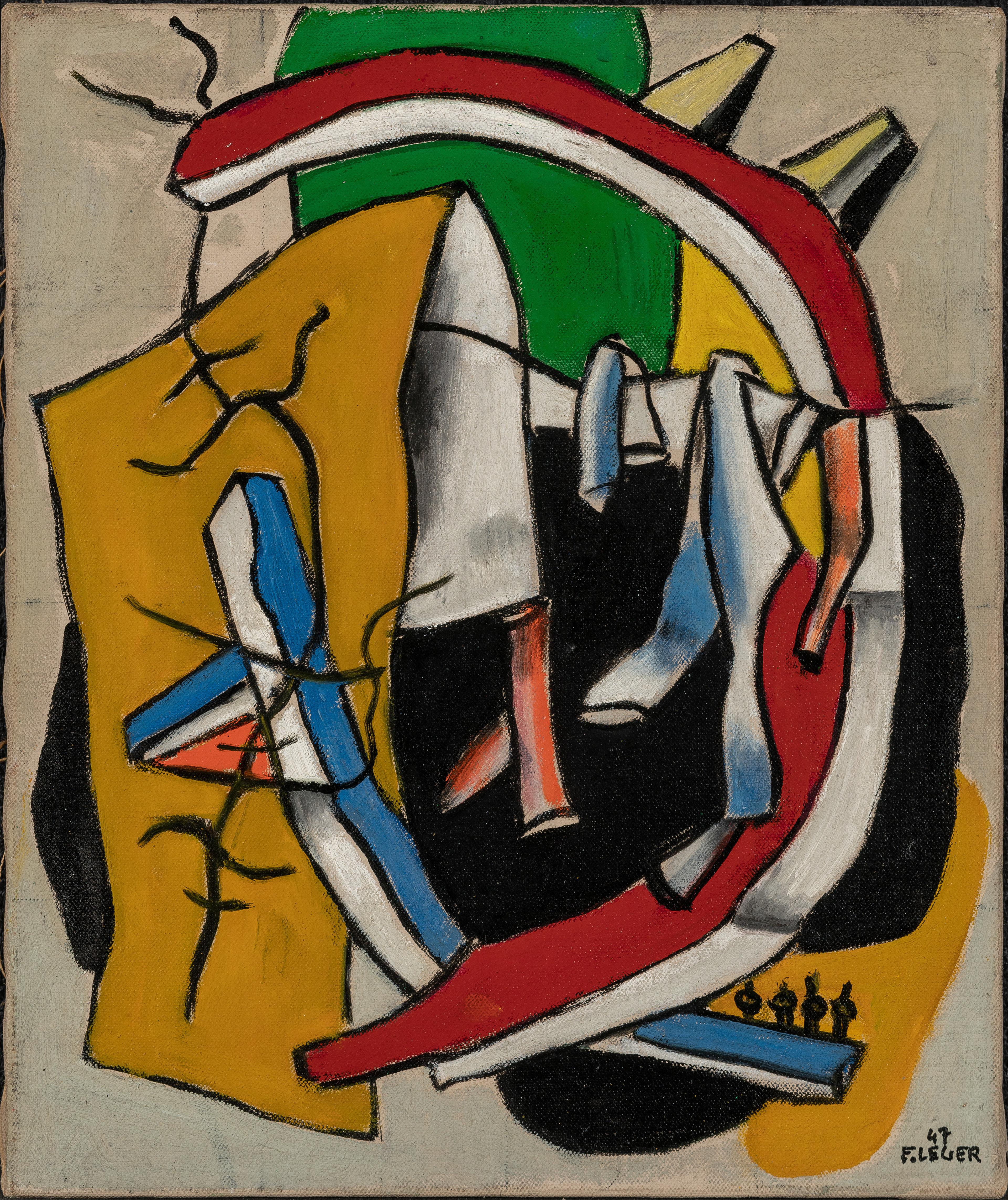 Abstrahert verk med former i gult, rødt, hvitt og blått på hvit bakgrunn