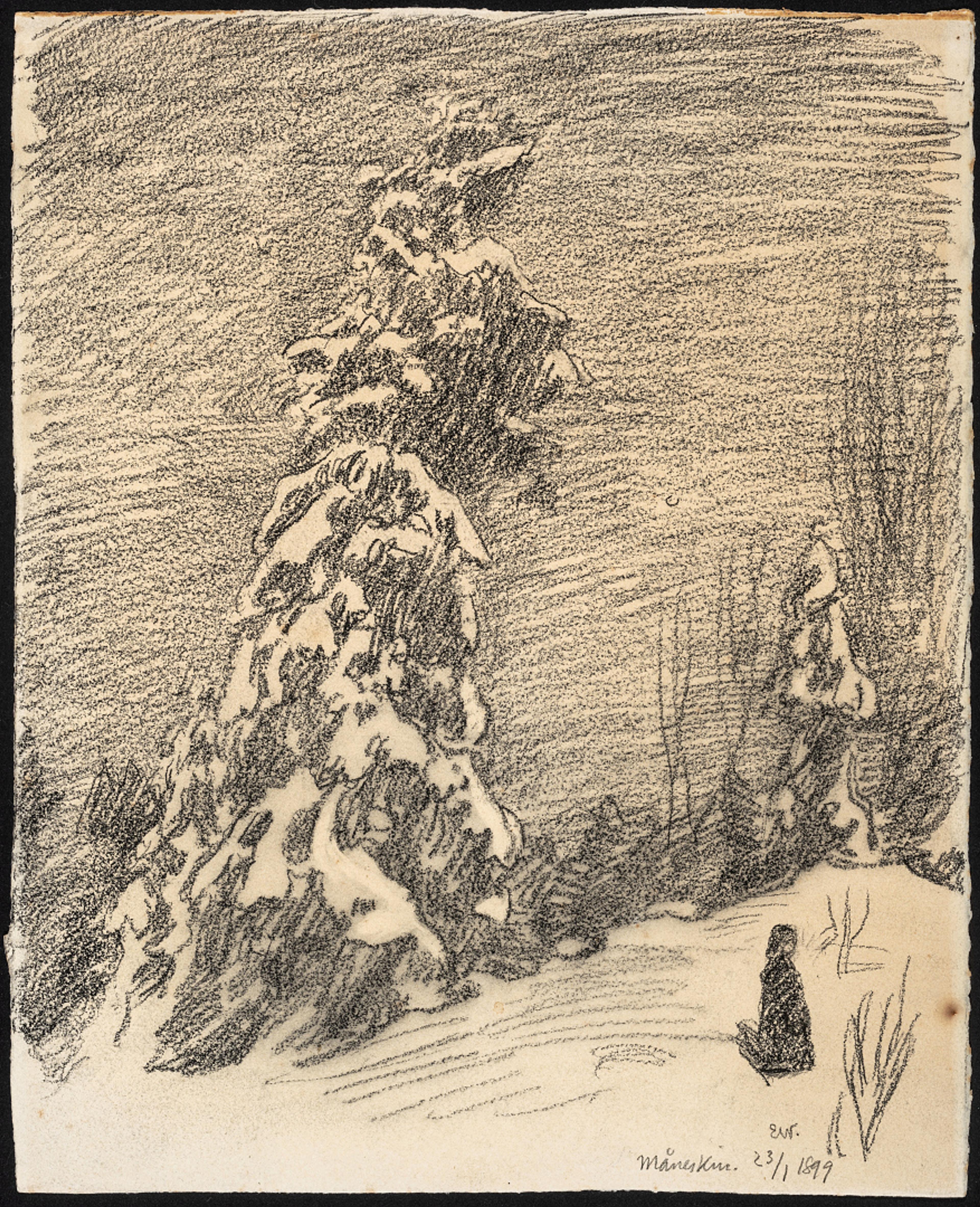 Måneskinn / Moonlight, 1899  Erik Werenskiold (1855–1938)  Kull på papir / Charcoal on paper  Kode, Rasmus Meyers samlinger / The Rasmus Meyer Collection 