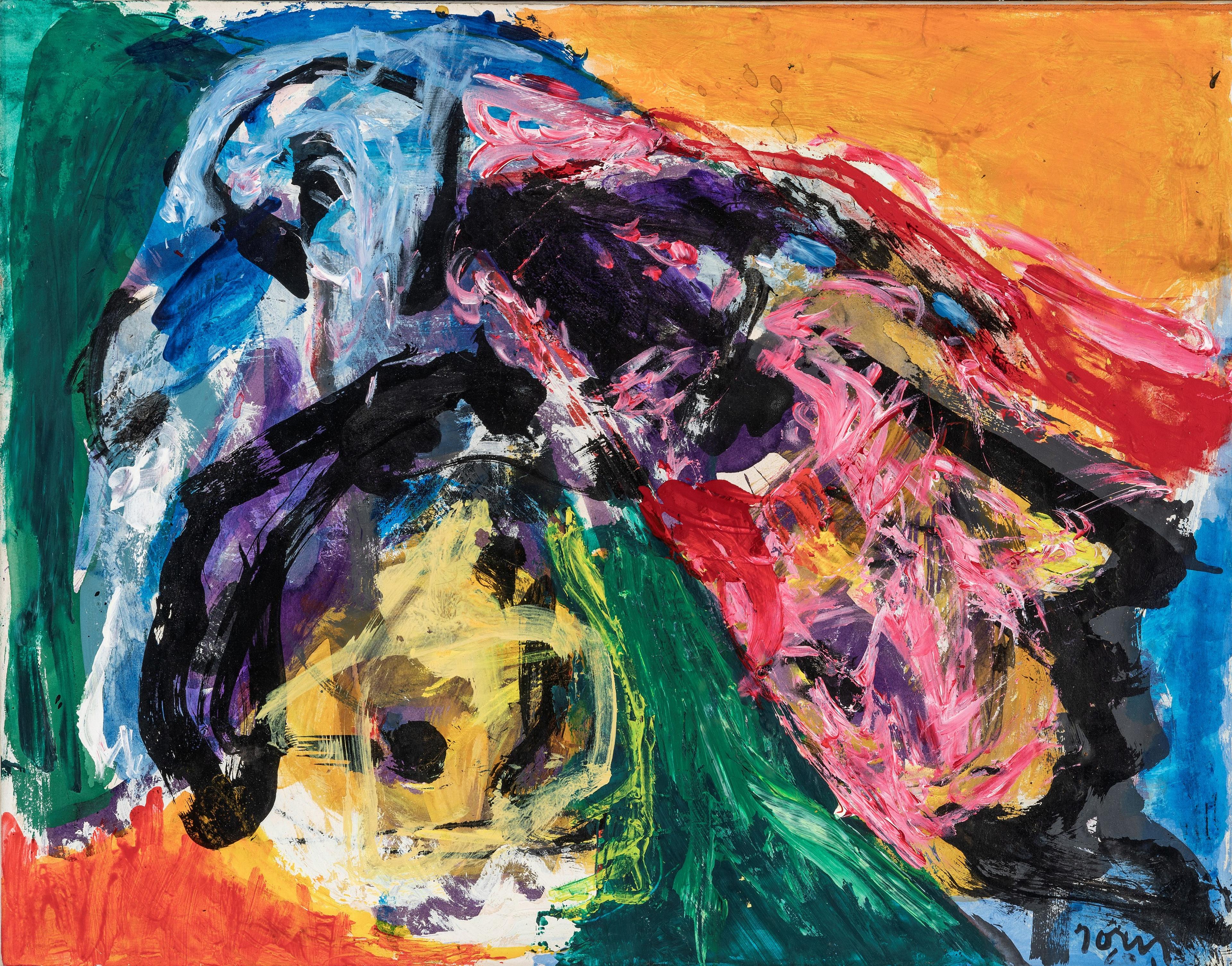 An abstract motif by Asger Jorn, in multiple colors.