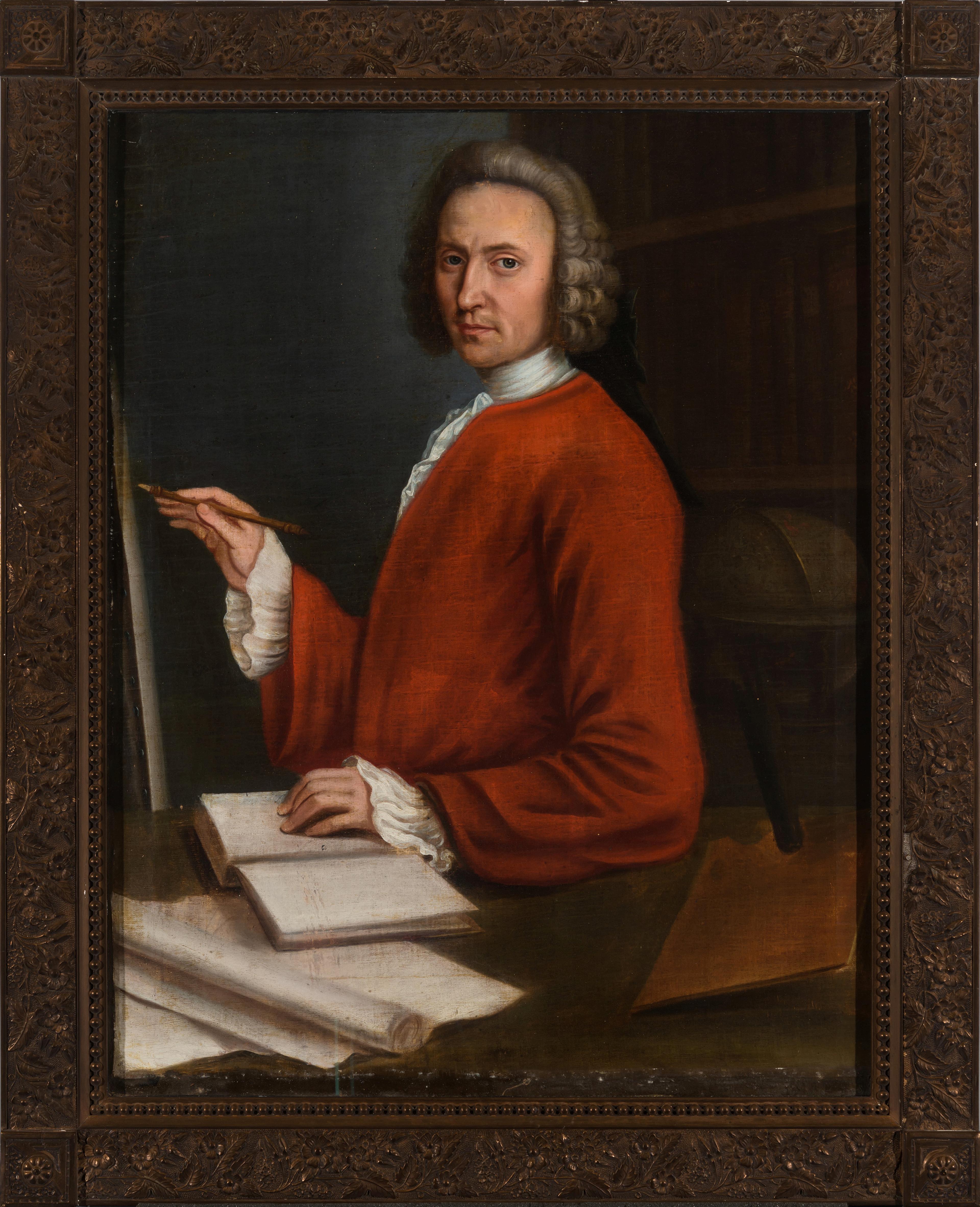 Maleri av et selvportrett av en mann. Han er kledd i rød overdel og maler.