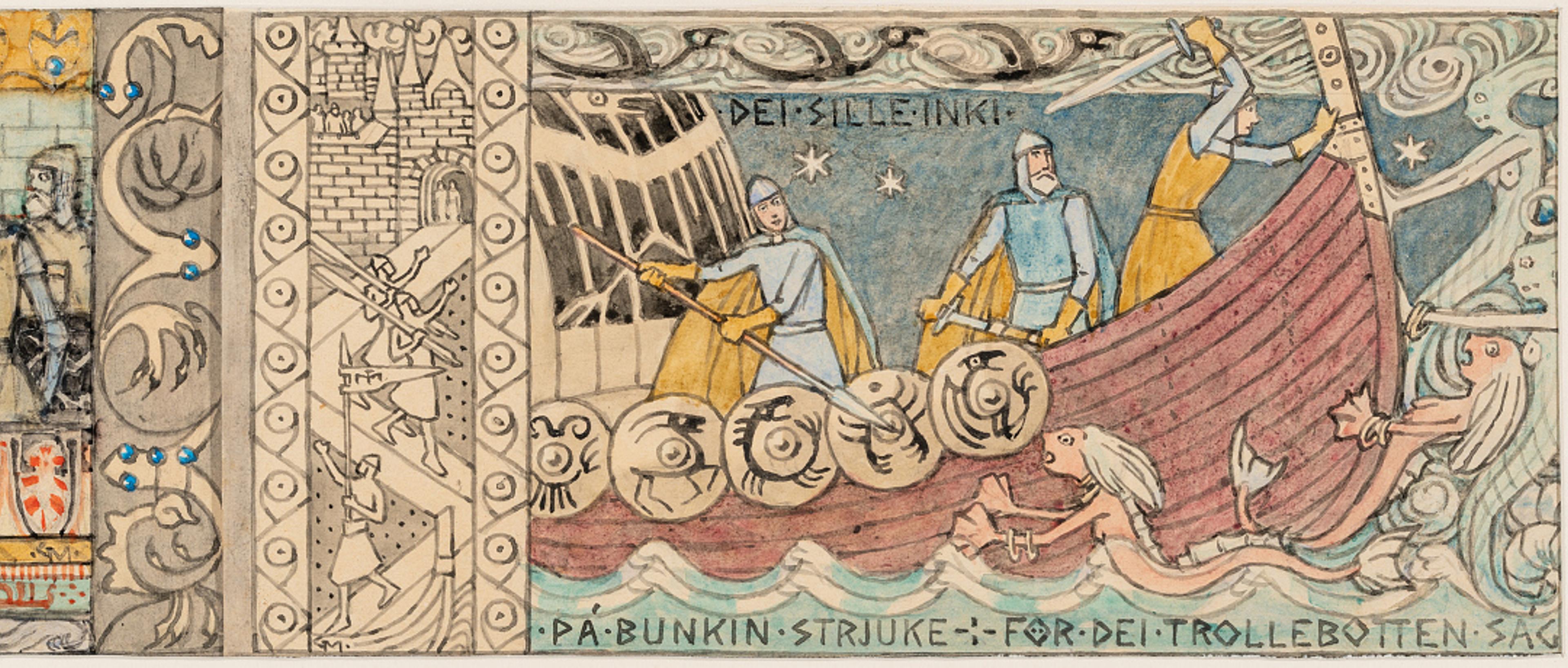 Åsmund og brødrene på havet / Åsmund and his Brothers at Sea, 1902–1904  Gerhard Munthe (1849–1929)	  Akvarell, blekk og blyant på papir / Watercolor, ink and pencil on paper  Kode, Rasmus Meyers samlinger / The Rasmus Meyer Collection