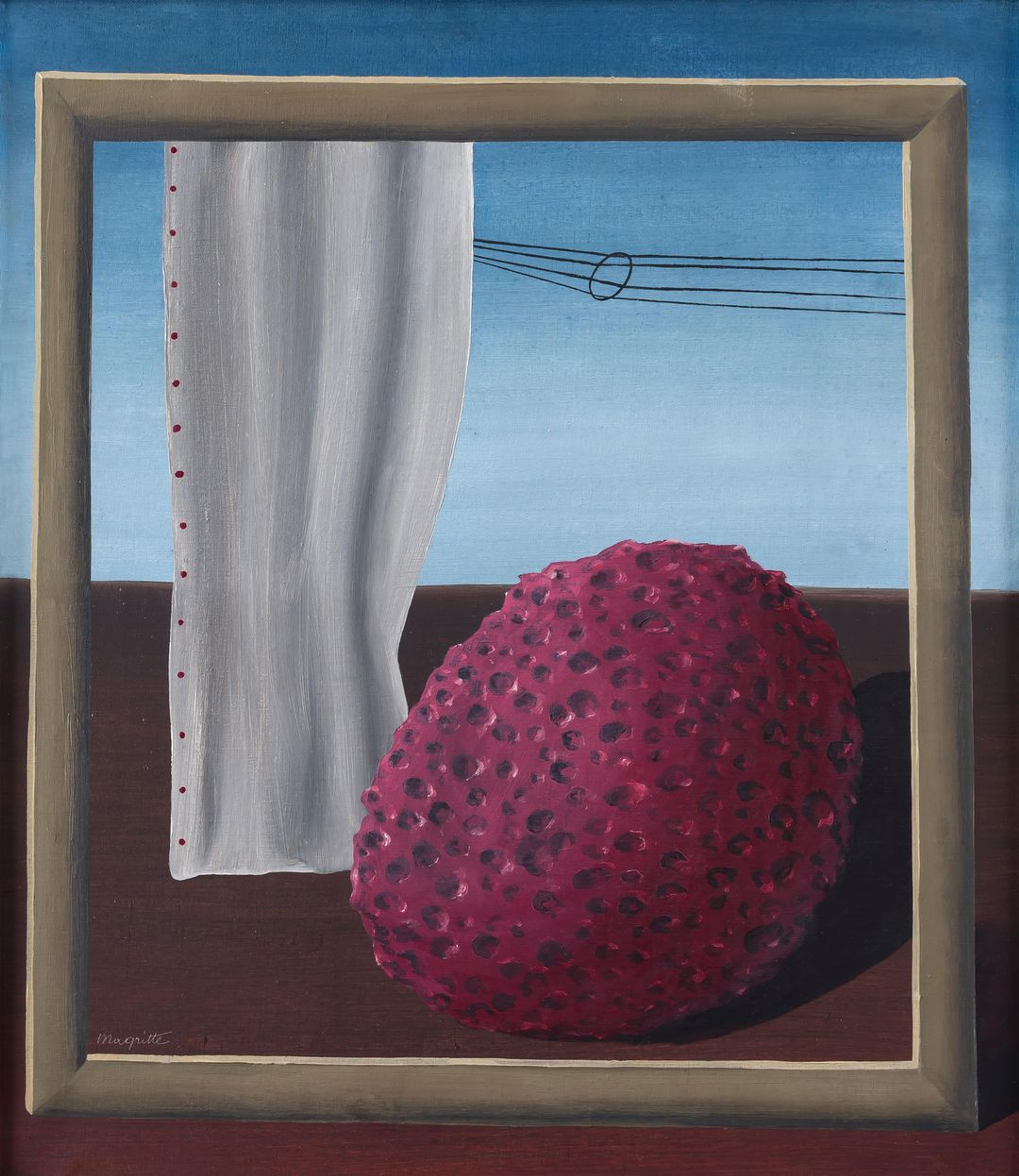Et maleri viser et slags drømmelandskap, med en ramme foran en hvit gardin og en rødlig meteoritt.