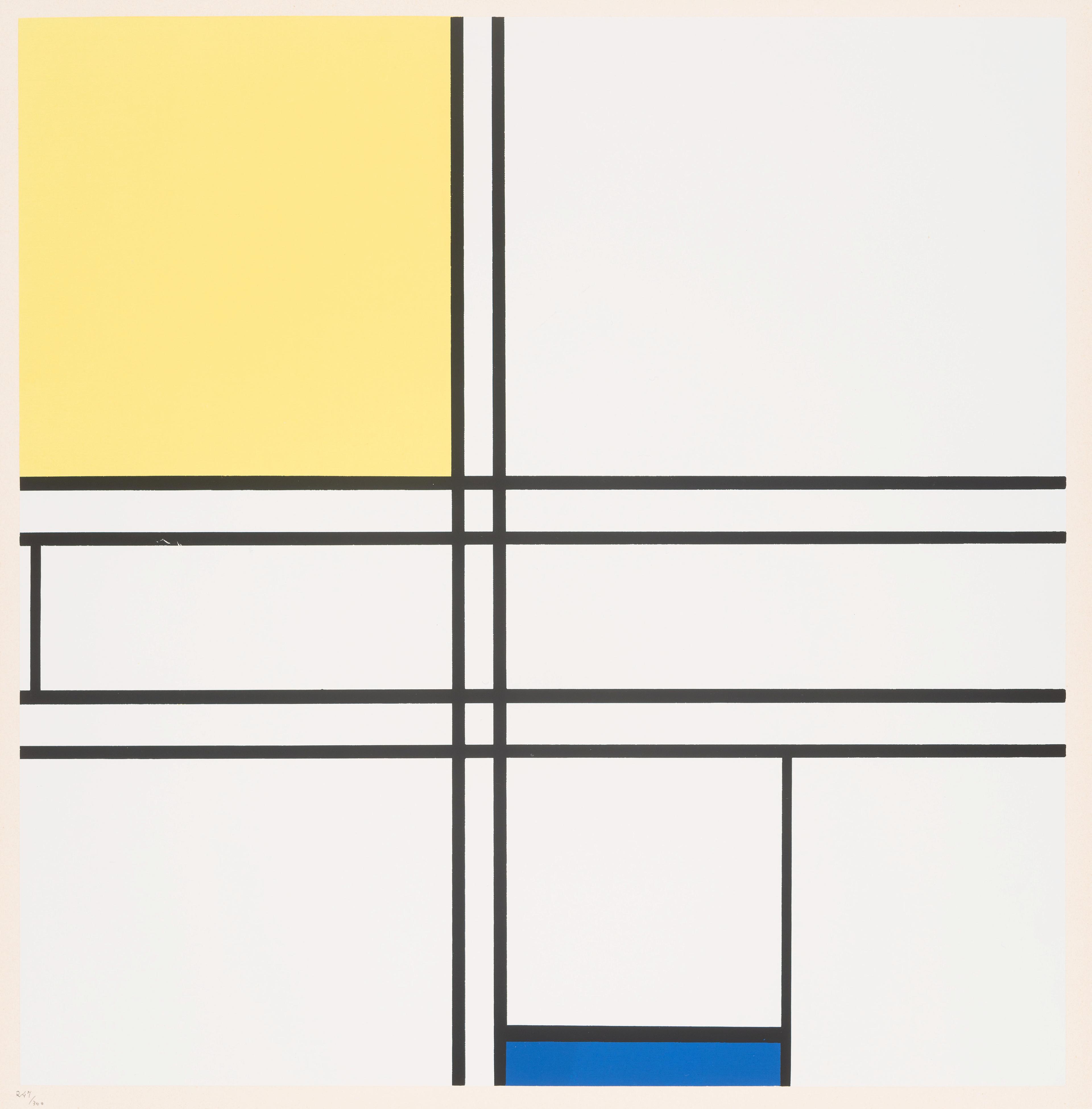 Et abstrakt motiv av Piet Mondrian, som viser sorte linjer mot hvit bakgrunn, med felt i gult og blått